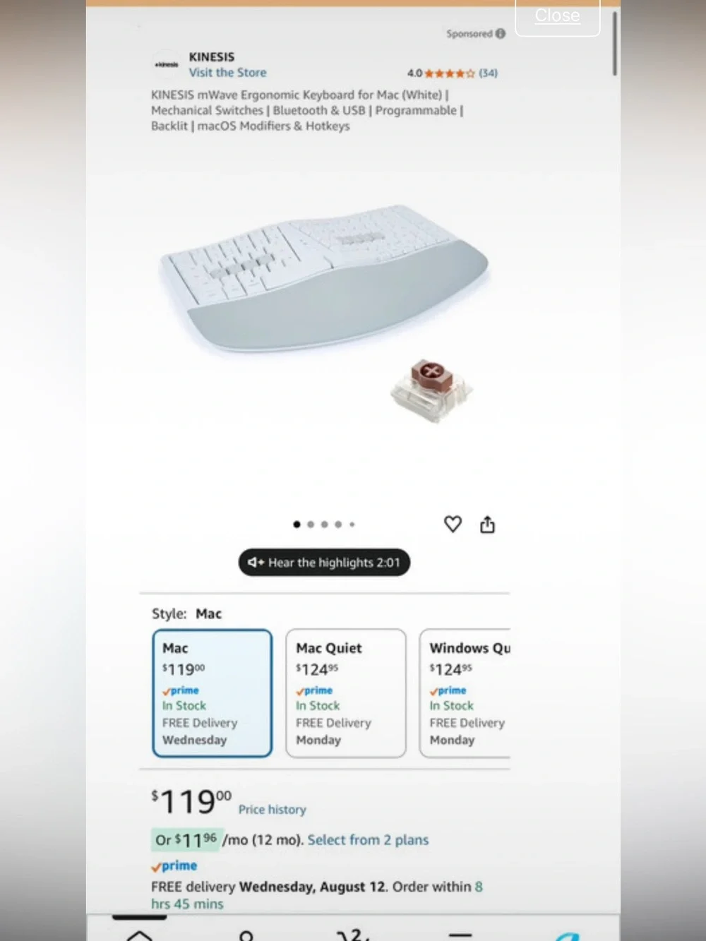 Kinesis mWave Split Ergonomic Keyboard - White and Gray